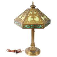 Antique American Arts & Crafts Brass and Slag Glass Lamp, Circa 1900