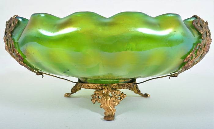 Antique Art Nouveau Czech Loetz Glass Bowl with Metal Mounts, Circa 1900