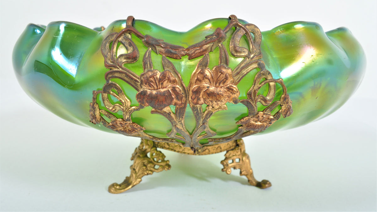 Antique Art Nouveau Czech Loetz Glass Bowl with Metal Mounts, Circa 1900
