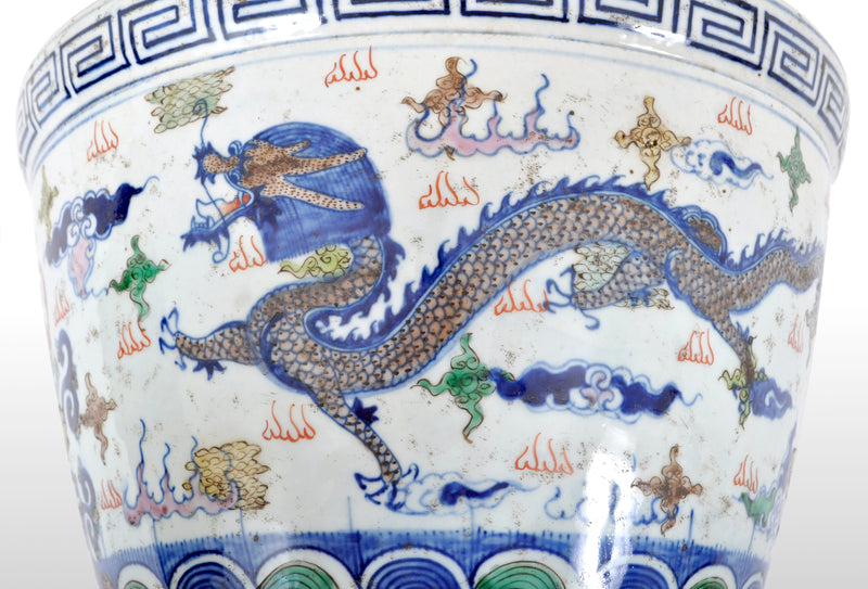 Antique Chinese Qing Dynasty Wucai Kangxi Period Porcelain Dragon Censer Bowl