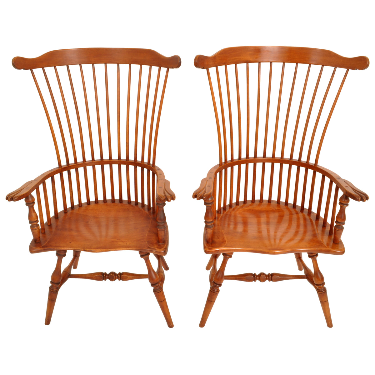 Pair of Antique Cherry Comb Fan Back Windsor Arm Chairs, Pennsylvania, circa 1900