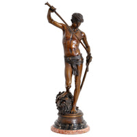 "David Apres le Combat" Antique French Bronze Statue & Marble Column by Antonin Mercie (1845-1916), circa 1880