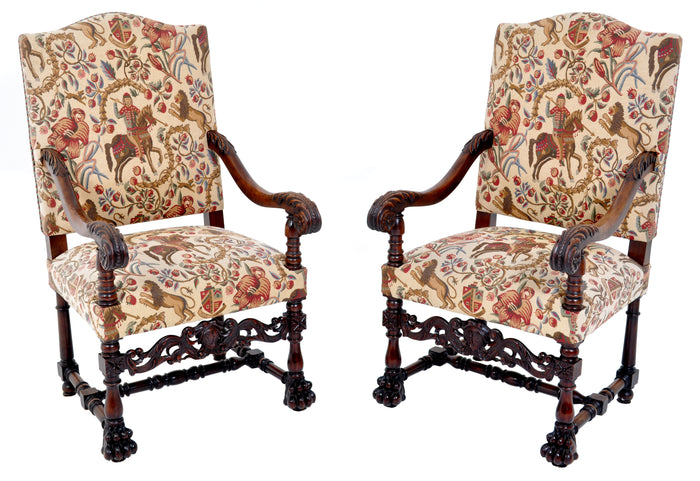 Pair of Antique Baroque Carved Mahogany Throne Chairs, circa 1870