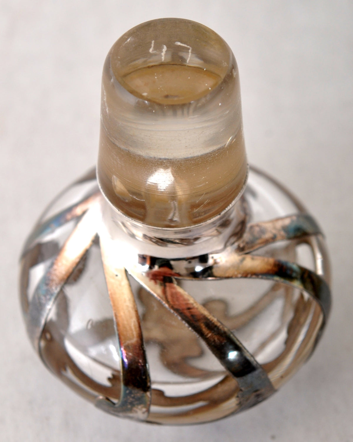 Antique Bohemian Glass Perfume Bottle with Engraved Silver Overlay, Circa 1890