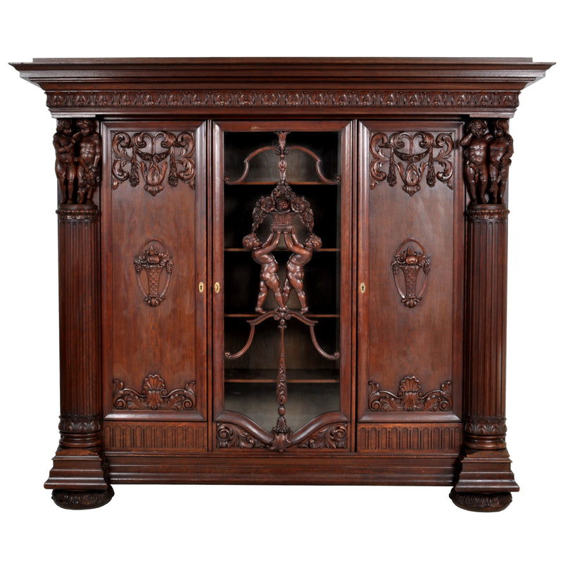 Antique German Baroque Revival Carved Oak Bookcase / Bibliotheque / Library Cabinet, circa 1890