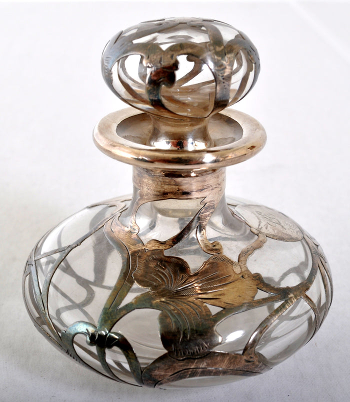 Antique Bohemian Glass Perfume Bottle with Engraved Silver Overlay, Circa 1890