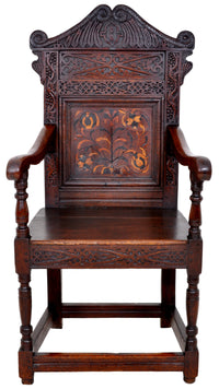 Antique 17th Century Charles II Yorkshire Carved Inlaid Oak Wainscot Chair, circa 1670