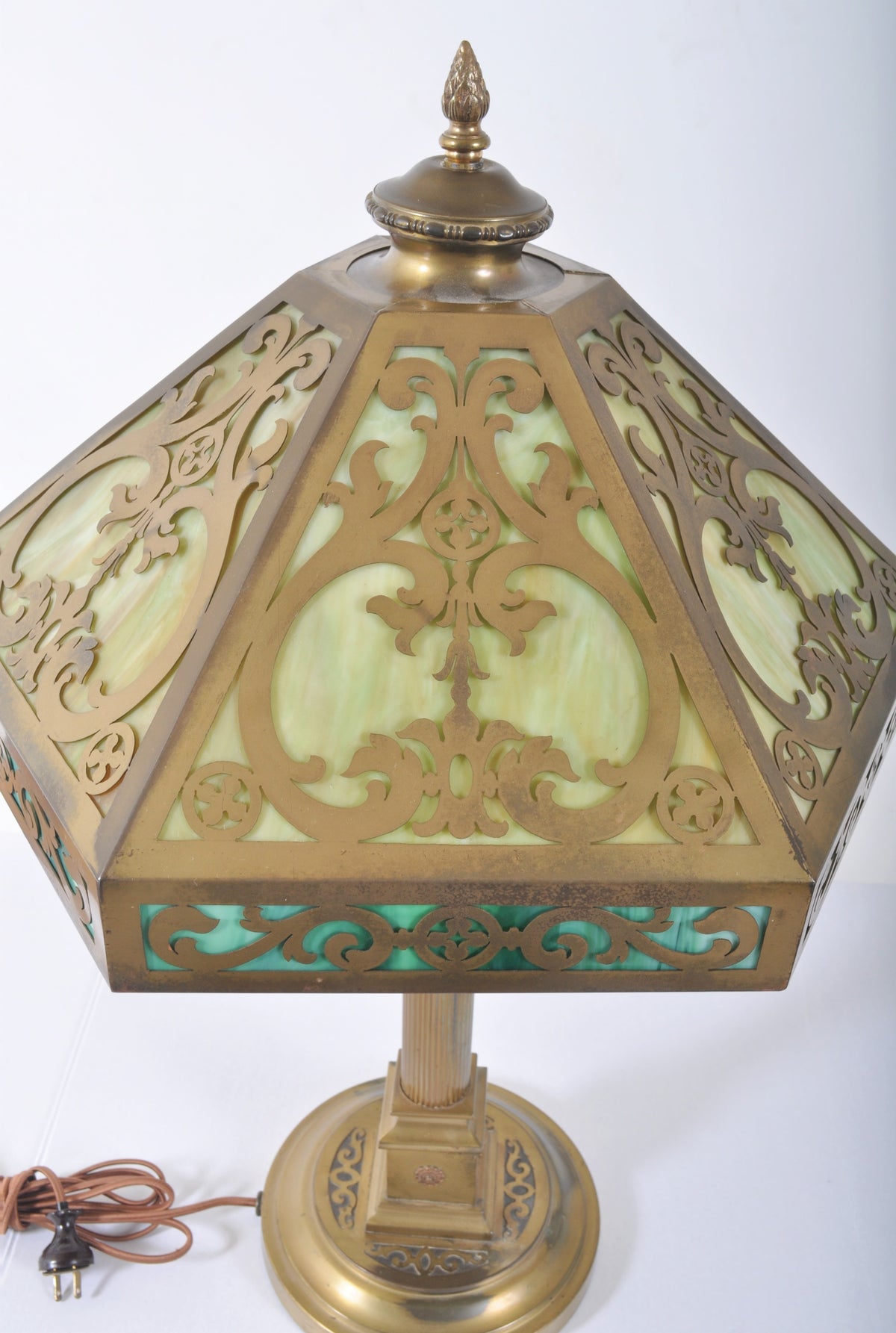 Antique American Arts & Crafts Brass and Slag Glass Lamp, Circa 1900