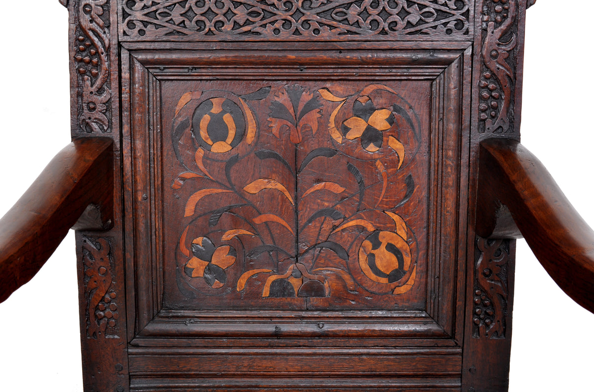 Antique 17th Century Charles II Yorkshire Carved Inlaid Oak Wainscot Chair, circa 1670