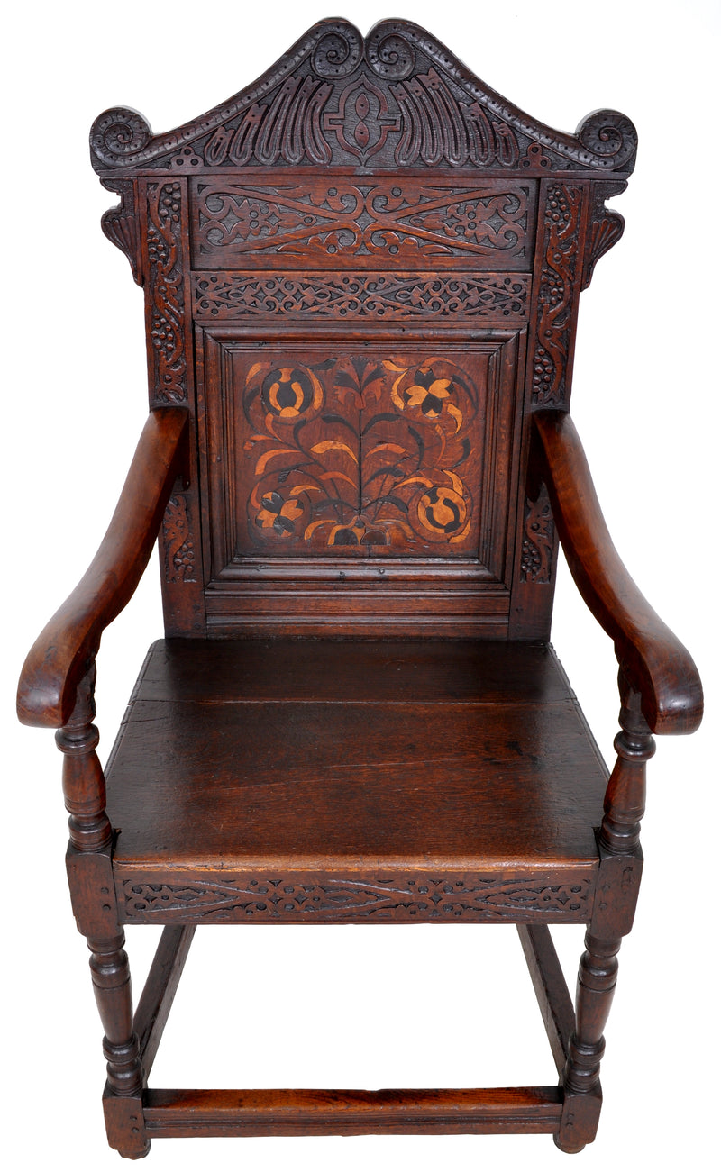 Antique 17th Century Charles II Yorkshire Carved Inlaid Oak Wainscot Chair, circa 1670