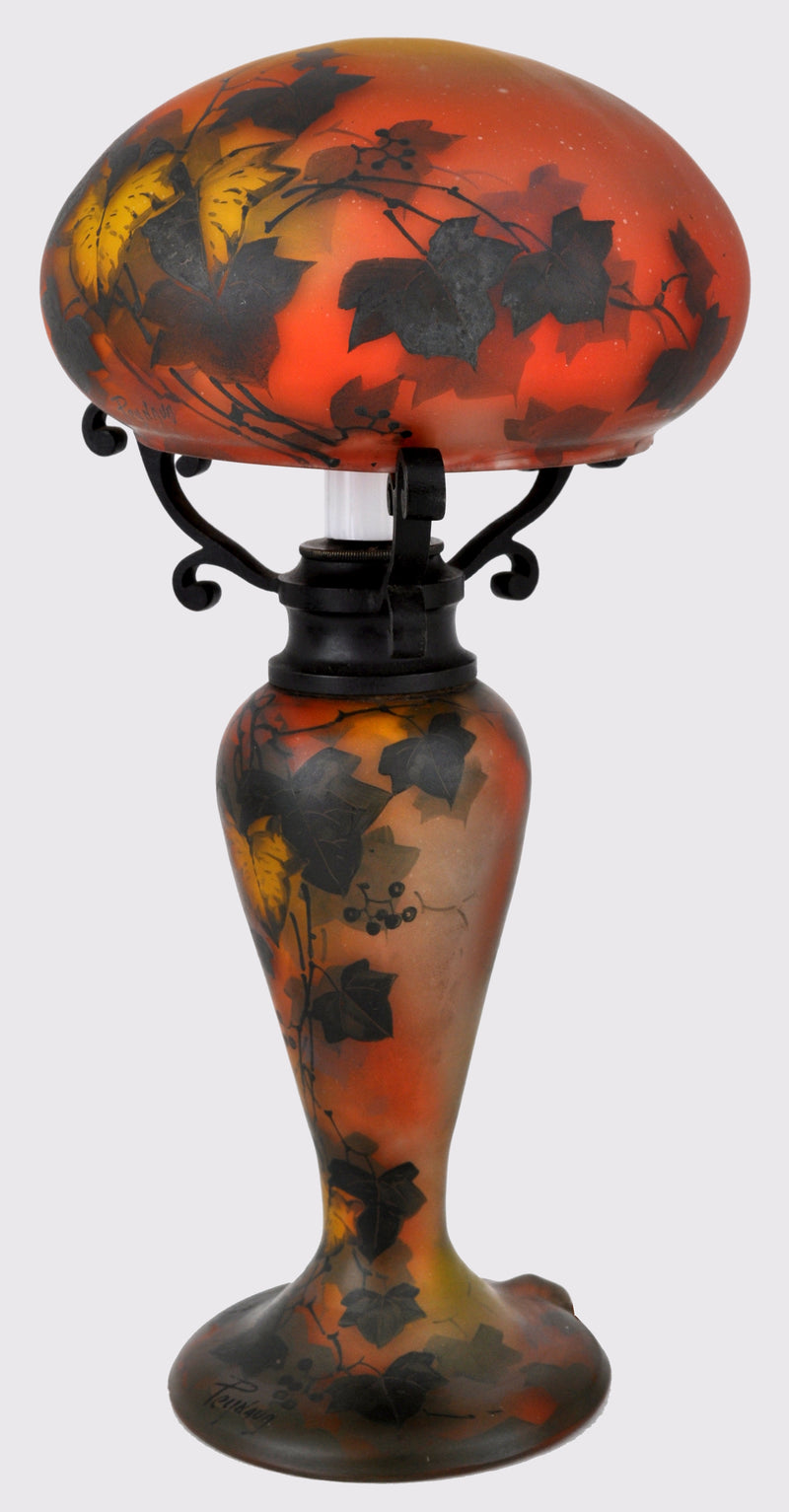 Antique Art Nouveau Hand-Painted 'Mushroom' Cameo Glass Lamp by Jean-Simon Peynaud (French, 1869-1952), Circa 1915