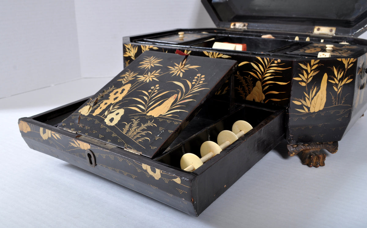 Antique Chinese Export Lacquer Work Sewing Box, Circa 1830