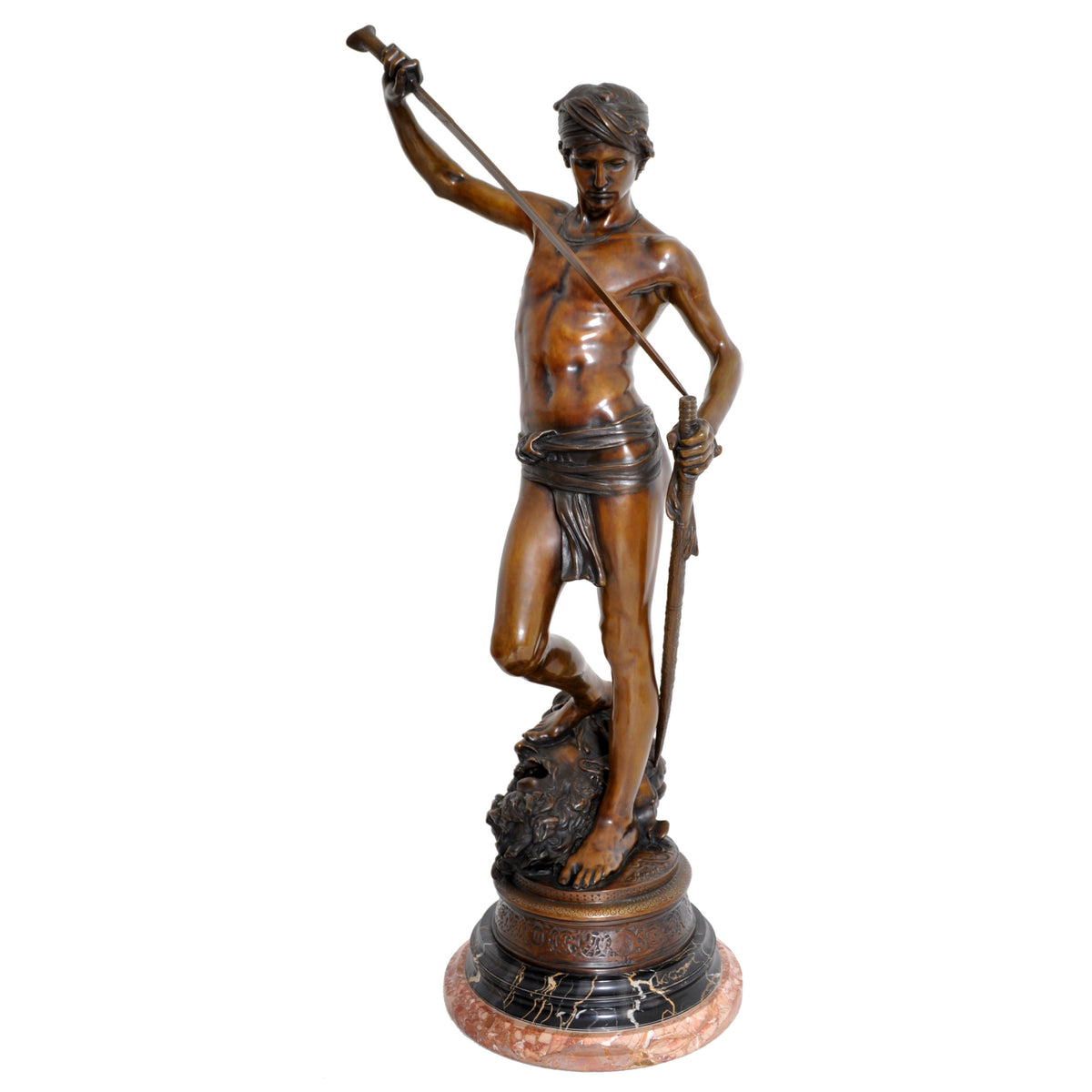 "David Apres le Combat" Antique French Bronze Statue & Marble Column by Antonin Mercie (1845-1916), circa 1880