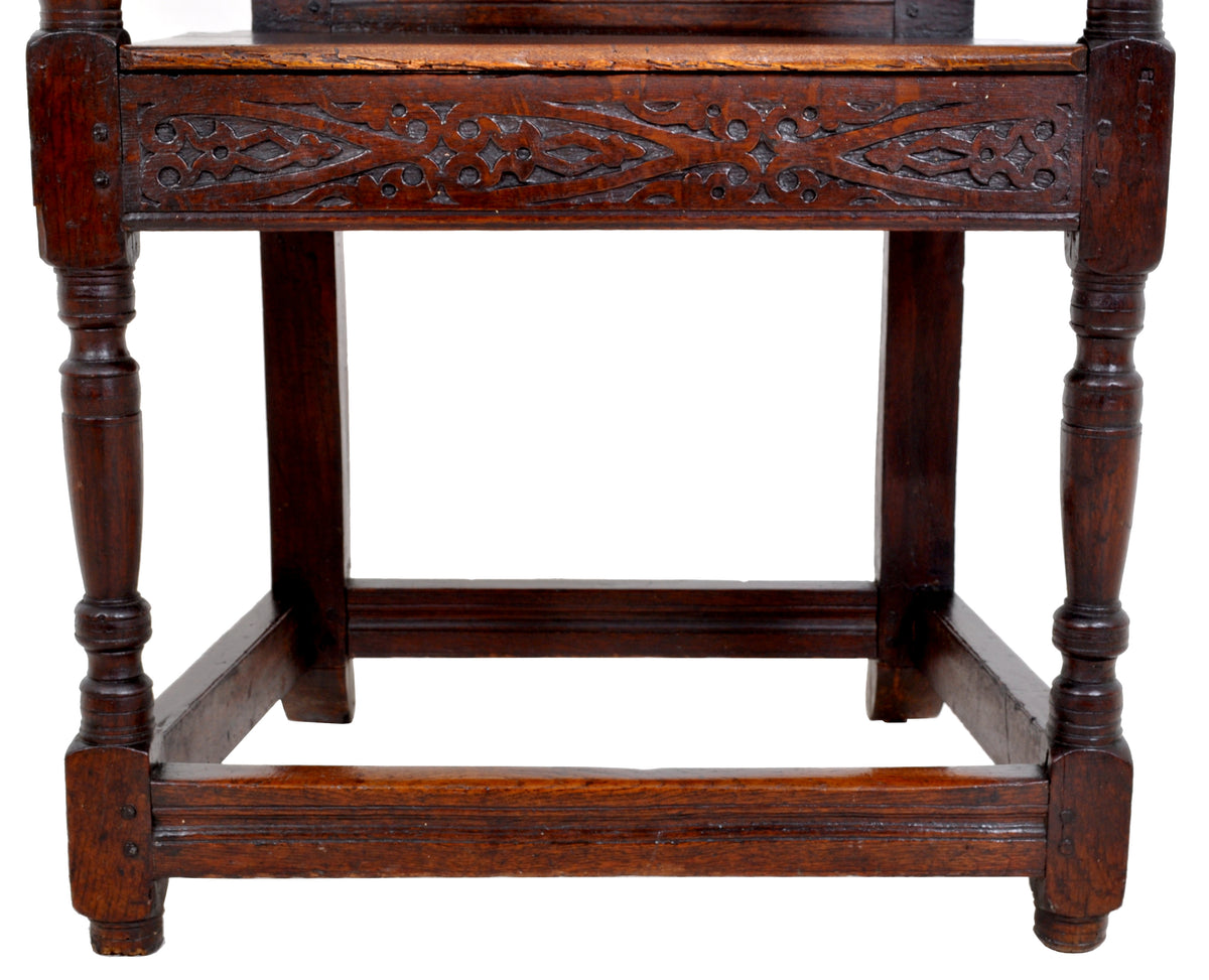 Antique 17th Century Charles II Yorkshire Carved Inlaid Oak Wainscot Chair, circa 1670