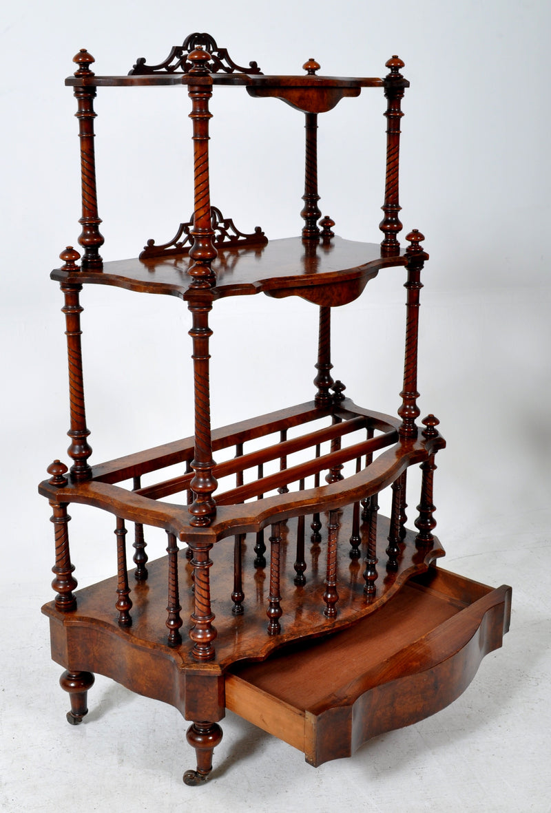 Antique English Burl Walnut Music Canterbury Whatnot, Circa 1870