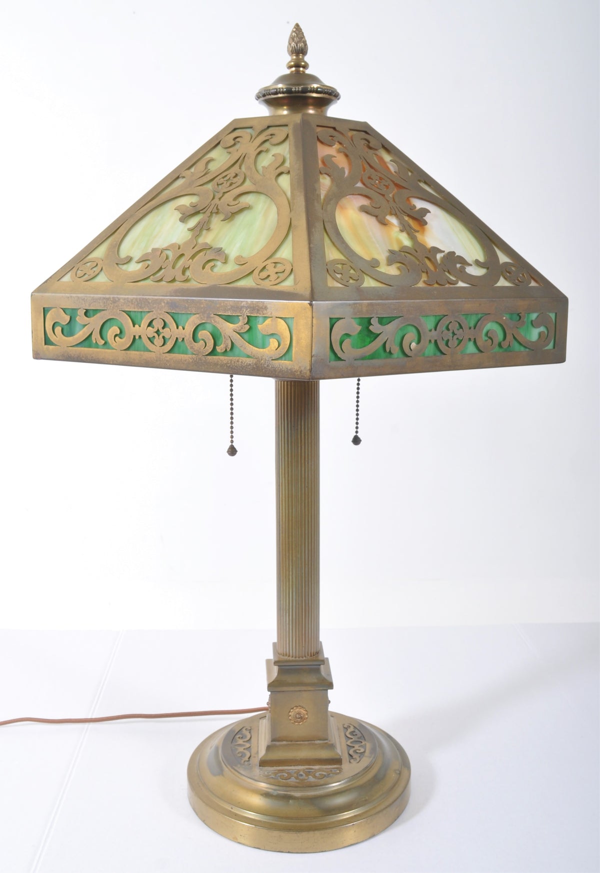 Antique American Arts & Crafts Brass and Slag Glass Lamp, Circa 1900