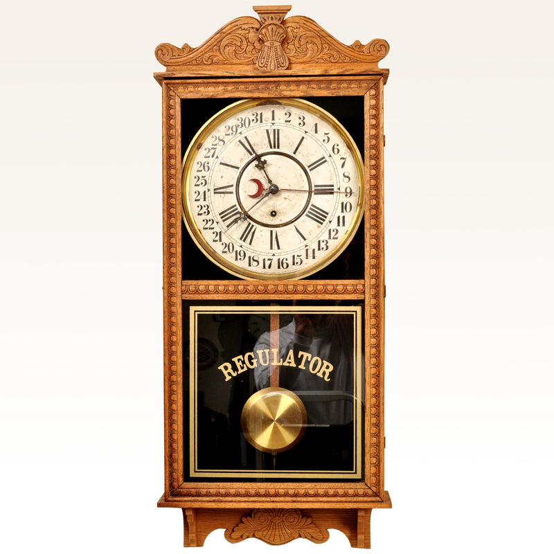 Antique American Store 8-Day Regulator (Clock) in Carved Oak Case, Circa 1890