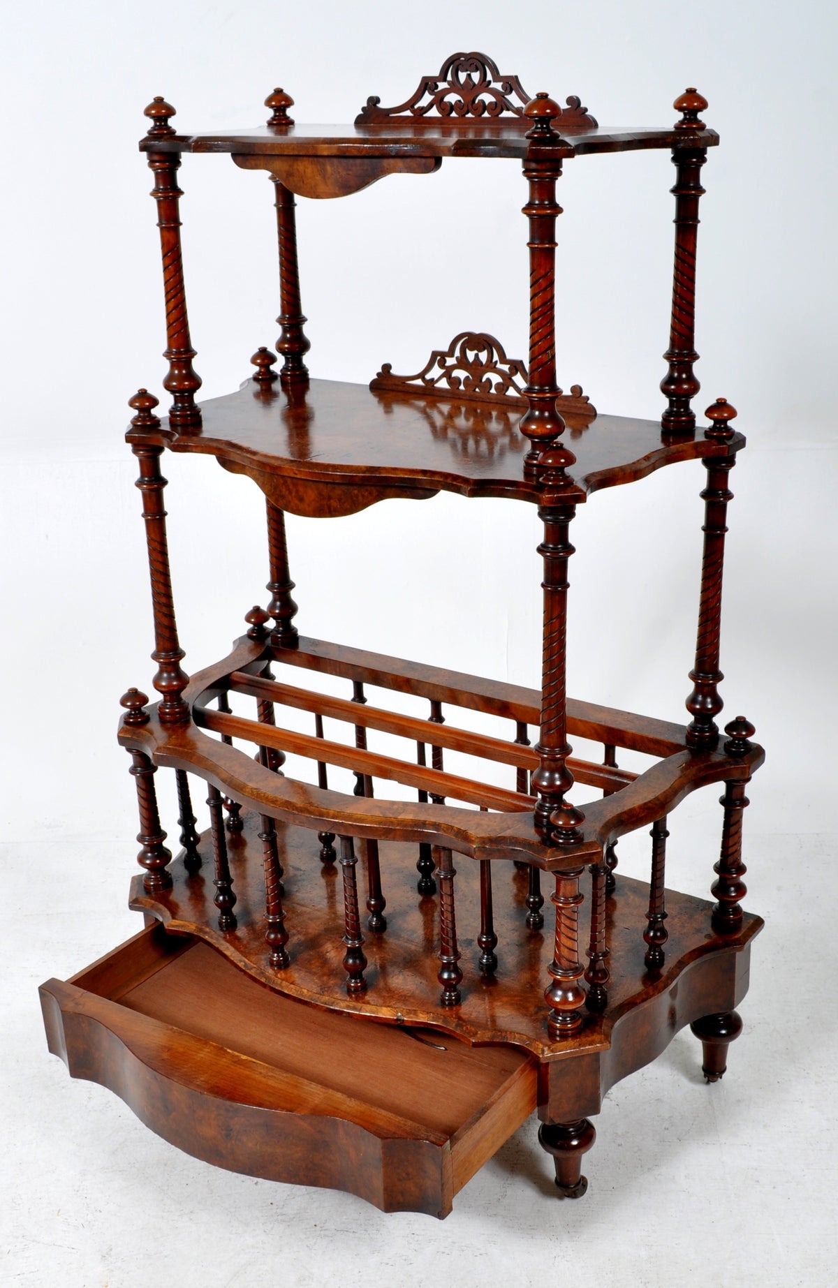 Antique English Burl Walnut Music Canterbury Whatnot, Circa 1870
