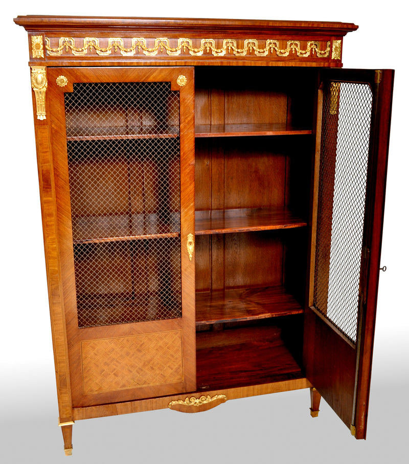Antique French Louis XV Walnut Inlay Parquetry Ormolu Bibliotheque / Bookcase, circa 1890