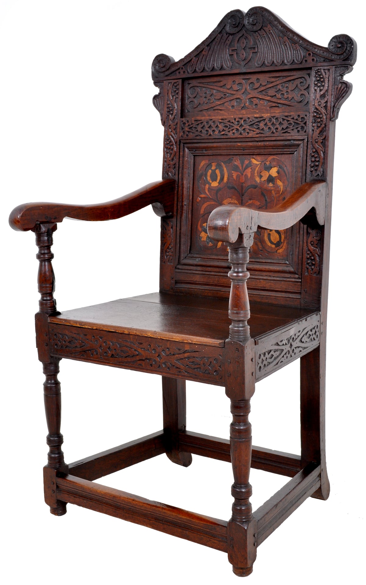 Antique 17th Century Charles II Yorkshire Carved Inlaid Oak Wainscot Chair, circa 1670