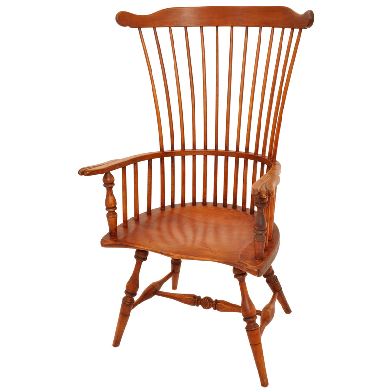 Pair of Antique Cherry Comb Fan Back Windsor Arm Chairs, Pennsylvania, circa 1900