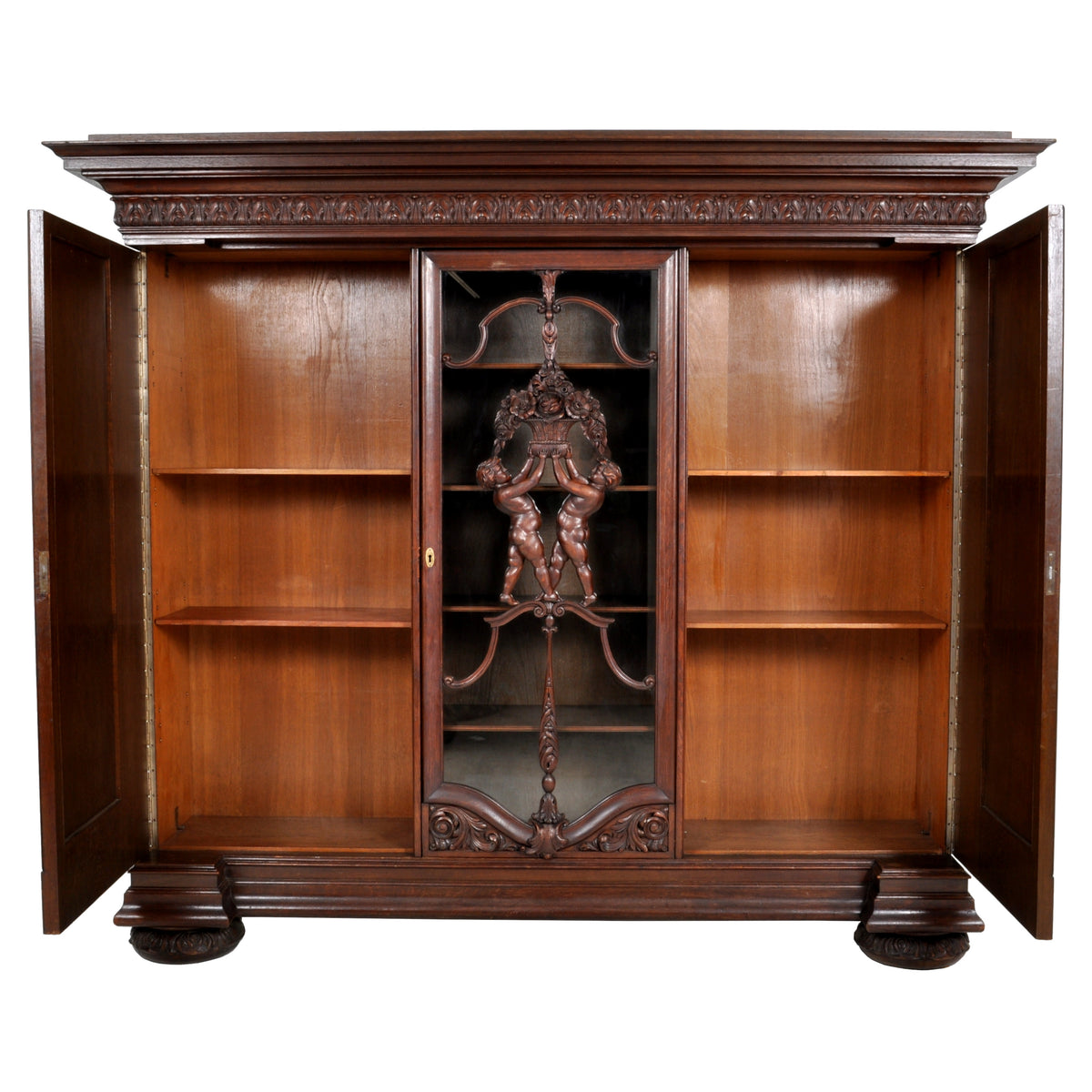 Antique German Baroque Revival Carved Oak Bookcase / Bibliotheque / Library Cabinet, circa 1890