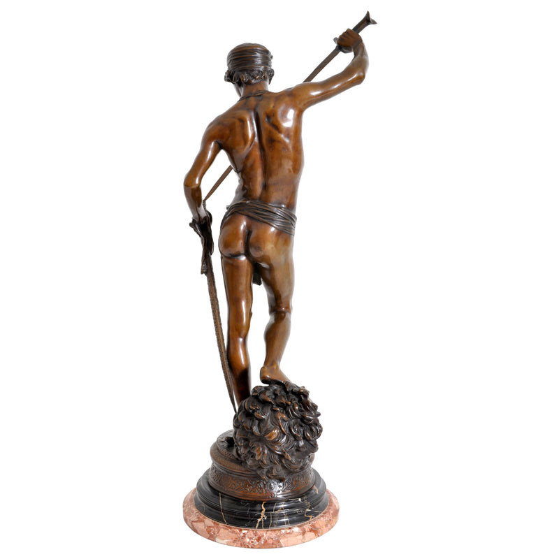 "David Apres le Combat" Antique French Bronze Statue & Marble Column by Antonin Mercie (1845-1916), circa 1880