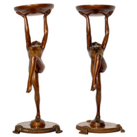 Antique Pair of French Art Deco Bronze Female Nude Dancers Statues Stands Circa 1925