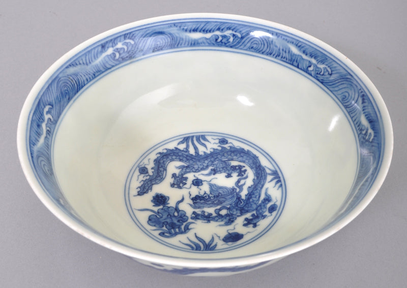 Antique 19th Century Chinese Qing Dynasty Imperial Blue and White Porcelain Bowl