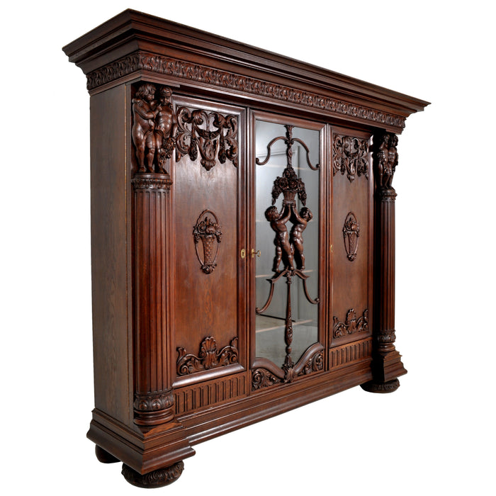 Antique German Baroque Revival Carved Oak Bookcase / Bibliotheque / Library Cabinet, circa 1890