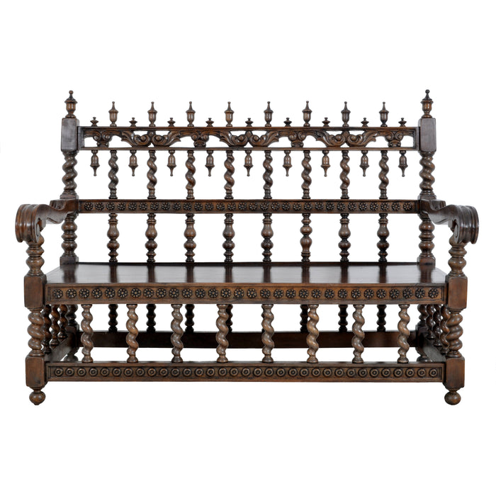 Antique Spanish Moorish Baroque Walnut Carved Barley-Twist Bench, circa 1850