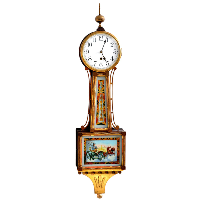 Antique American Waterbury Willard 8 day Eglomise "Aurora" #6 Banjo Clock, circa 1908