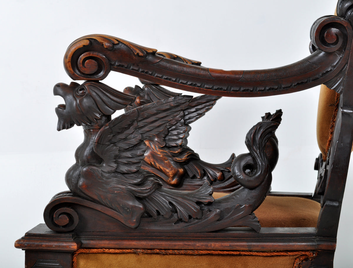 Antique 19th Century Carved Ebonized Walnut Baroque Griffin Chair, Circa 1870