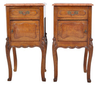 Pair of Antique French Provincial Carved Oak Marble Top Night Stands, circa 1890