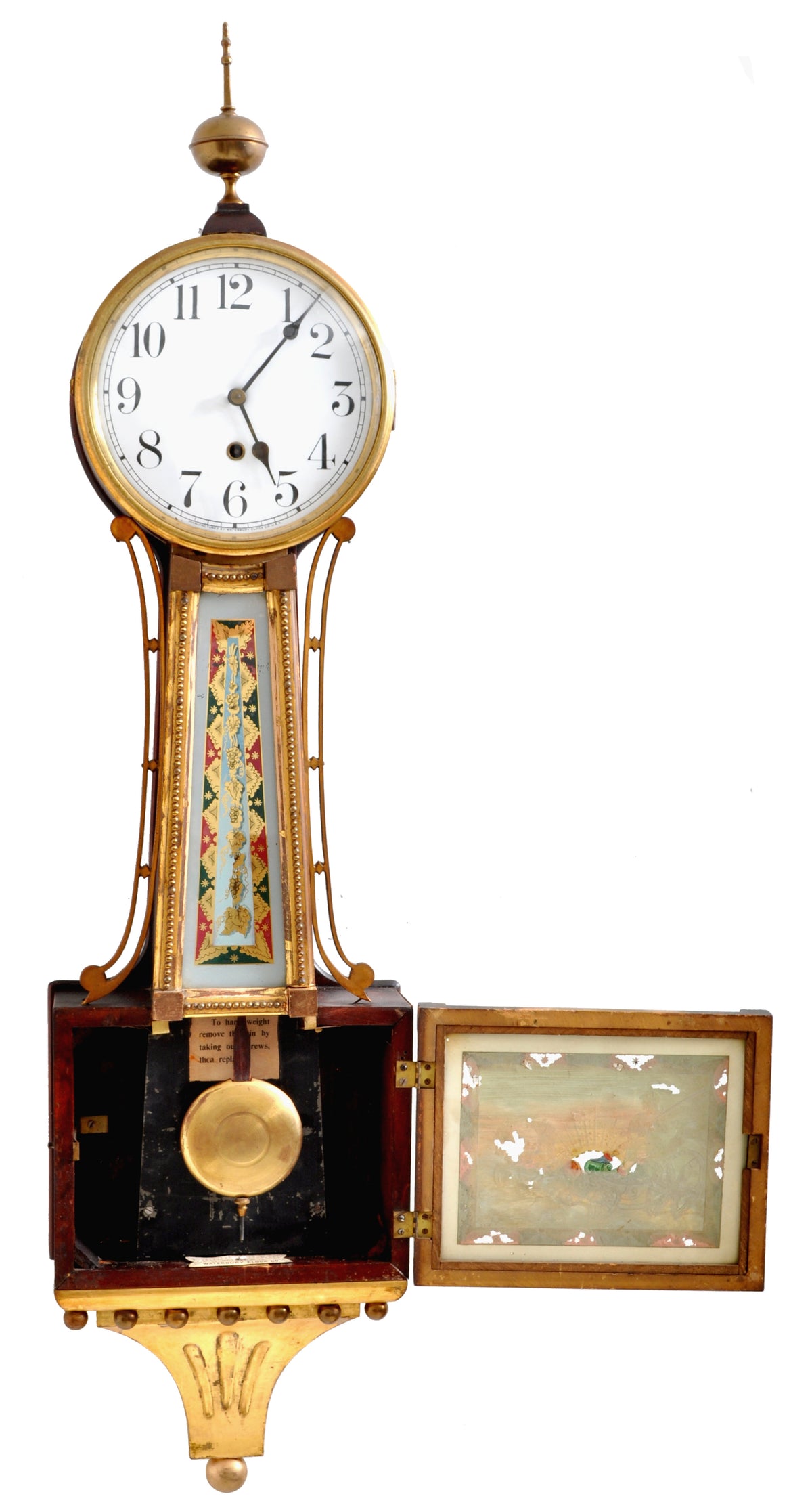 Antique American Waterbury Willard 8 day Eglomise "Aurora" #6 Banjo Clock, circa 1908