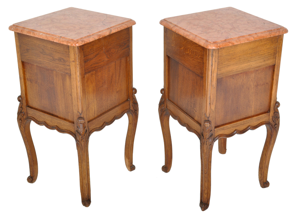 Pair of Antique French Provincial Carved Oak Marble Top Night Stands, circa 1890