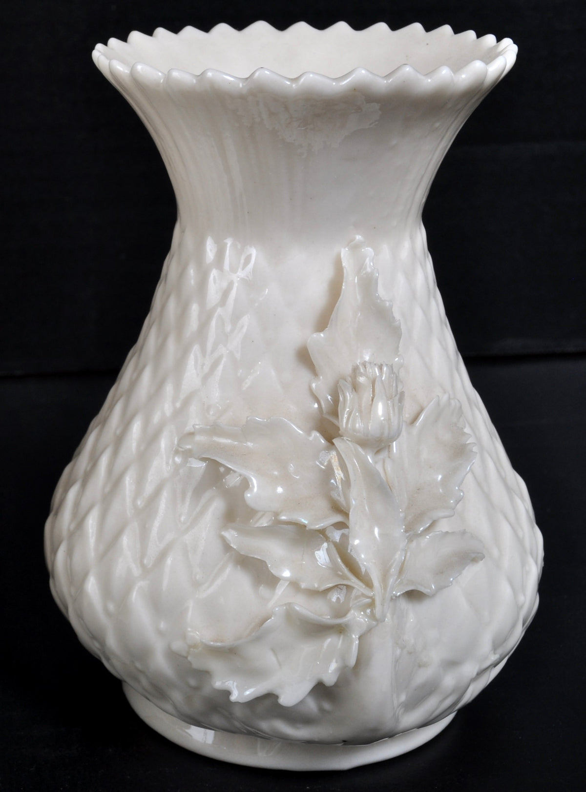 Pair of Antique Irish Belleek Porcelain Thistle Vases (3rd Black Mark, 1926-1946)