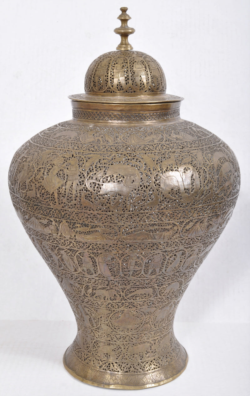 Antique Indian Hindu Brass Engraved & Pierced Lidded Vase/Lamp/Incense Burner, Circa 1850