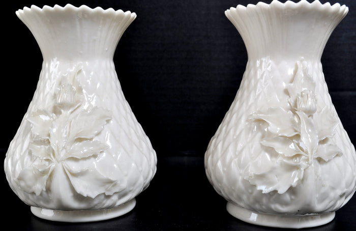 Pair of Antique Irish Belleek Porcelain Thistle Vases (3rd Black Mark, 1926-1946)