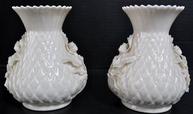 Pair of Antique Irish Belleek Porcelain Thistle Vases (3rd Black Mark, 1926-1946)