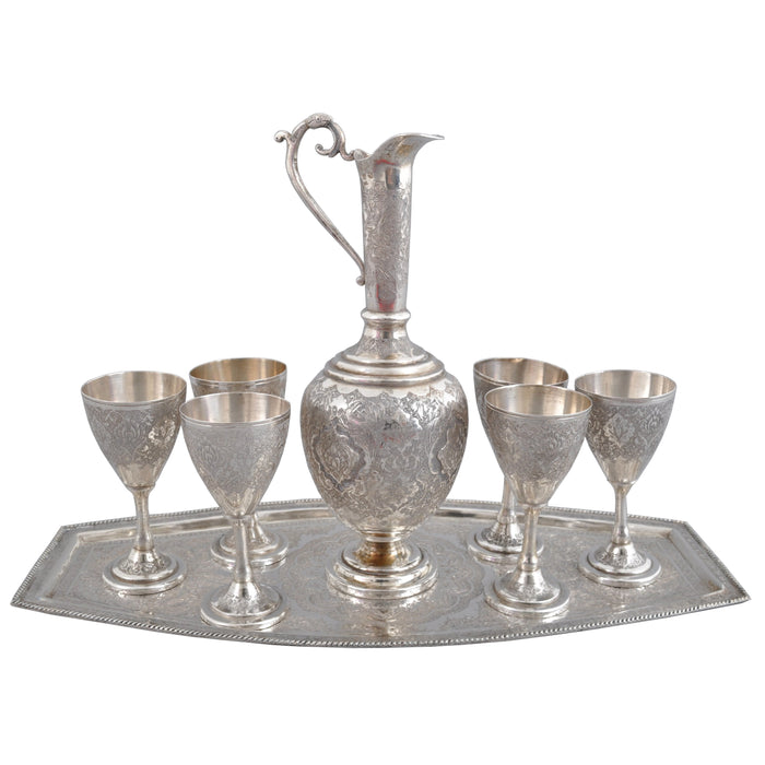 Antique Islamic Persian Sterling Silver Engraved Ewer and Goblet Set, Circa 1920