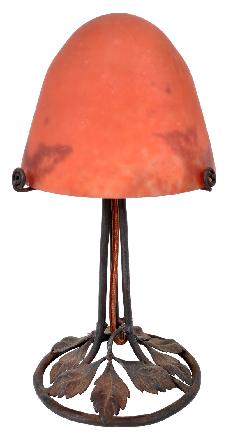 Antique French Art Deco 'Mushroom' Edgar Brandt Wrought Iron Daum Table Lamp, circa 1920
