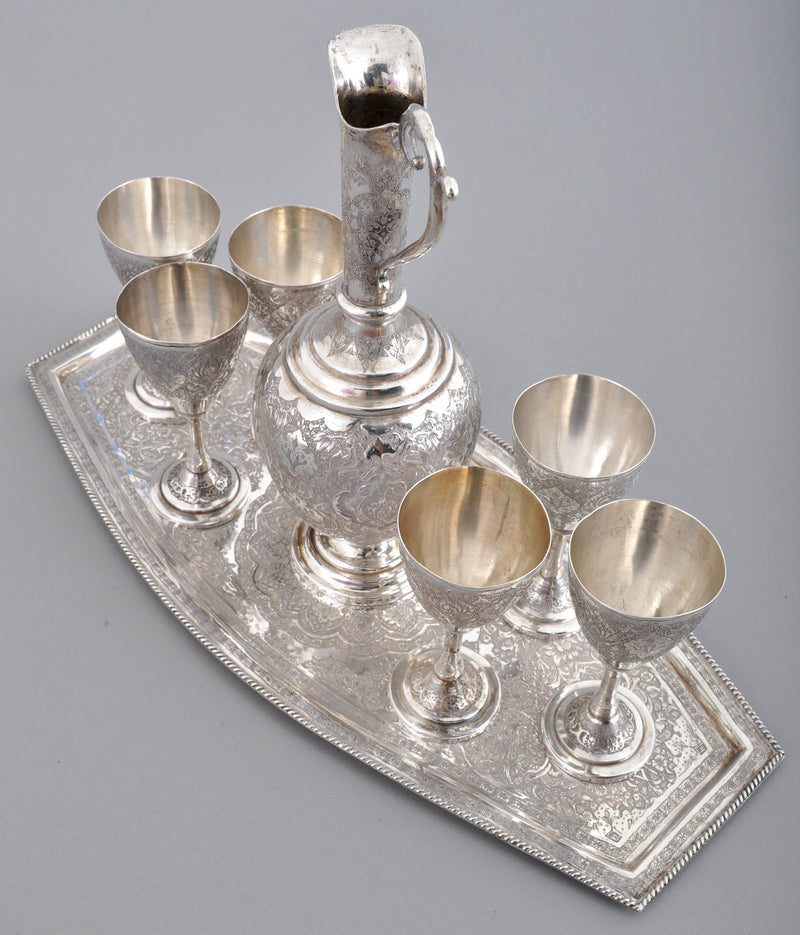 Antique Islamic Persian Sterling Silver Engraved Ewer and Goblet Set, Circa 1920