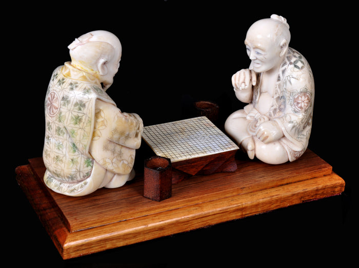 Antique Japanese Meiji Period Ivory Figural Group / Okimono, Go Players, circa 1890