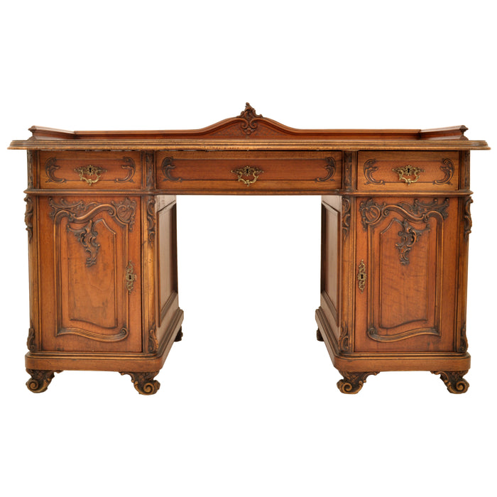 Antique 19th Century Austrian Carved Walnut Rococo Twin Pedestal Desk, circa 1880