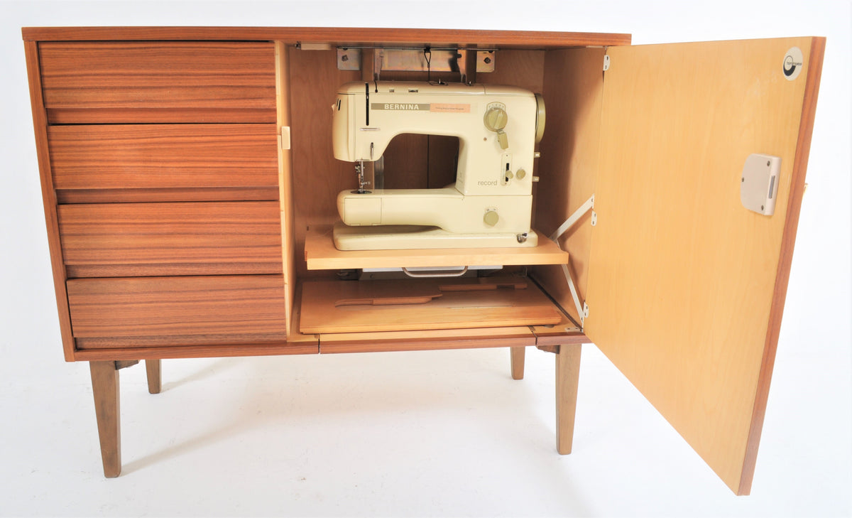 Mid-Century Modern Sewing Machine in Teak Cabinet by Bernina