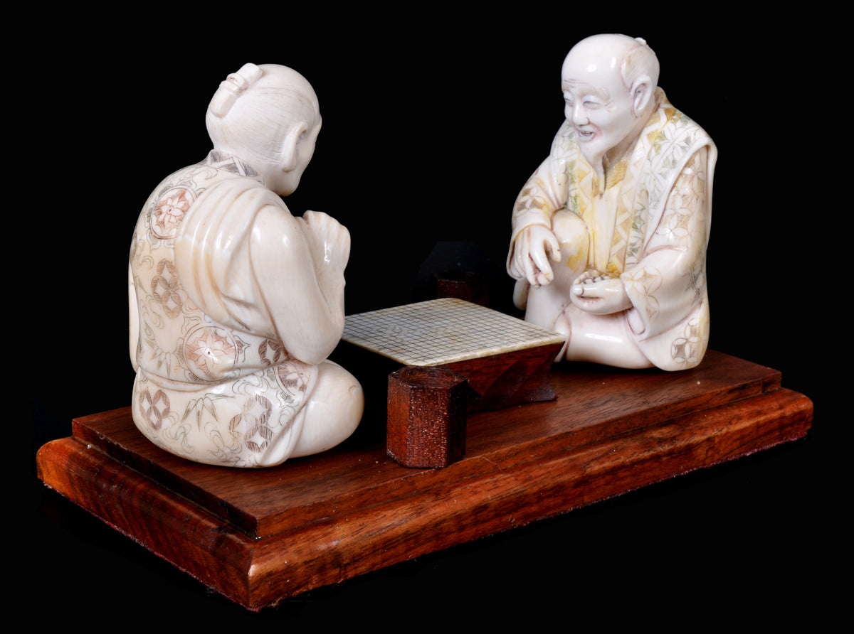Antique Japanese Meiji Period Ivory Figural Group / Okimono, Go Players, circa 1890