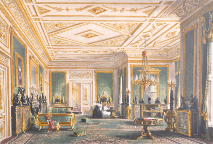 "The Green Drawing Room" Joseph Nash (1808-1878), Color Engraving Interior of Windor Castle, 1848