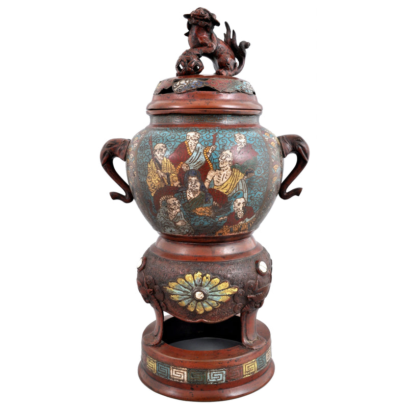 Antique Chinese Qing Dynasty Archaic Style Bronze Enamel Champlevé Censer / Incense Burner, Circa 1880