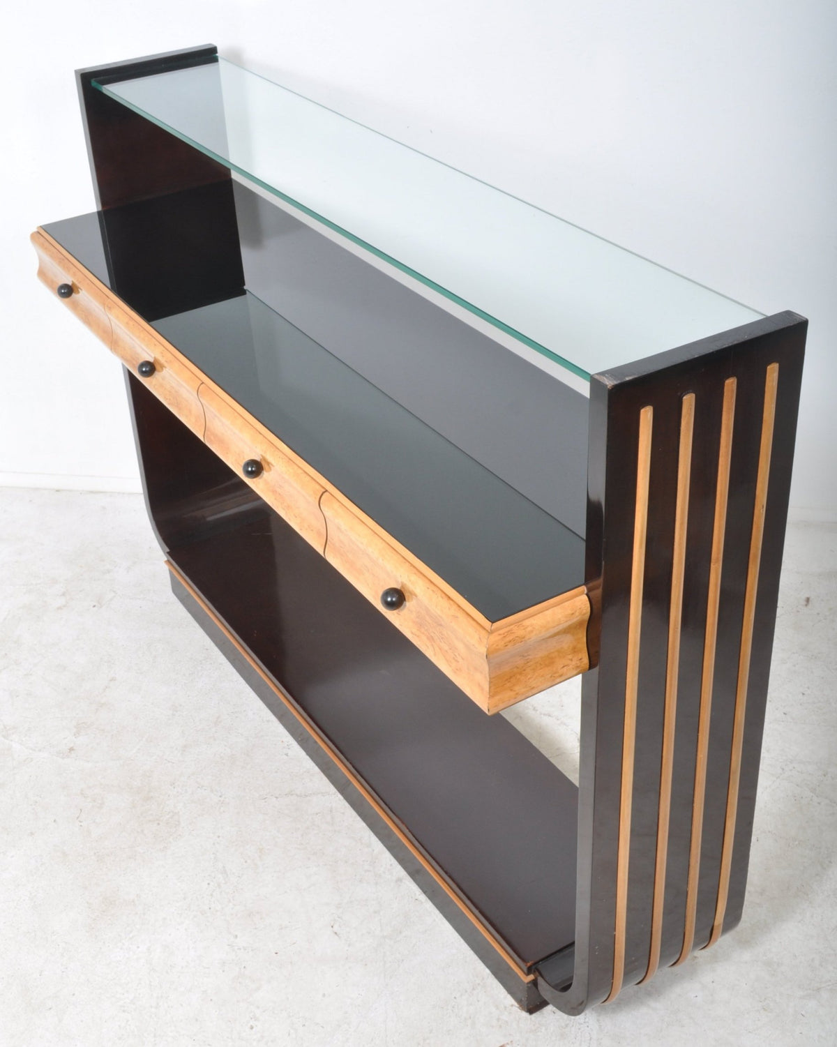 Art Deco Style Bird's-Eye Maple, Ebonized and Glass Console Table